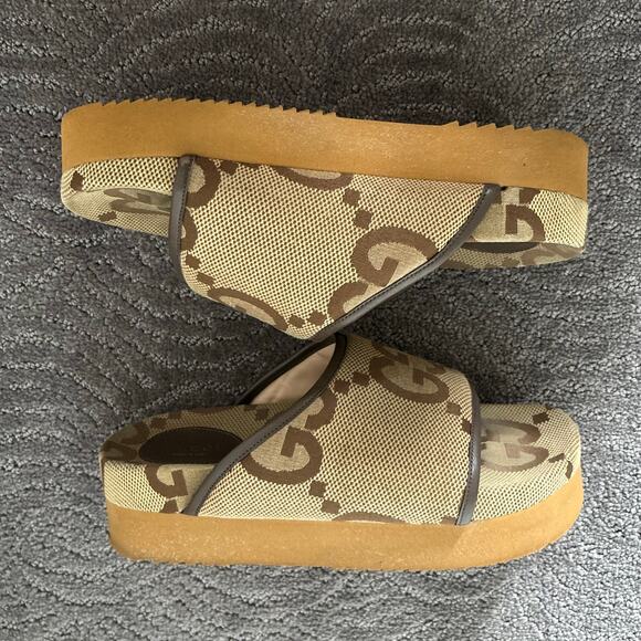 Gucci Supreme Jumbo GG Monogram Platform Slide Sandal Camel Canvas Maxi Size 39 - Picture 12 of 16
